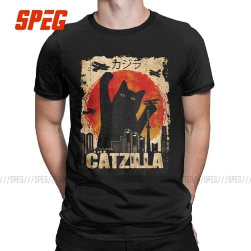 Fashion Vintage Catzilla Monsters Kitten T-Shirts Men Round Neck Cotton T Shirts Cat Short Sleeve Tees Plus Size Clothing