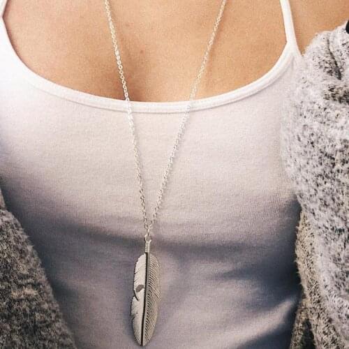 Classic Feather Pendant Necklace For Women Long Necklace Sweate Chain Statement Jewelry Gold Choker Necklace Collier