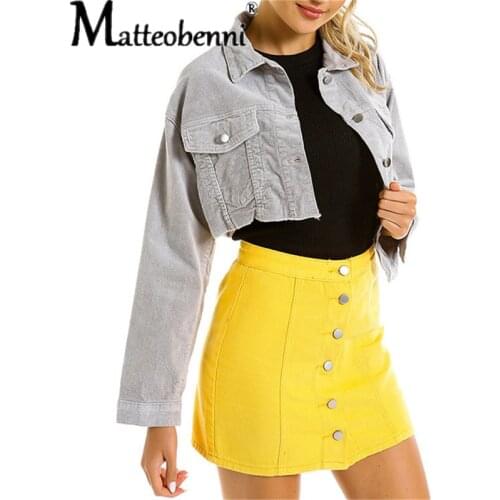 New Autumn Winter Slim Grey Long Sleeve Jeans Top For Women Solid Denim Jacket Women Short Overcoat Ladies Corduroy Coats Tops