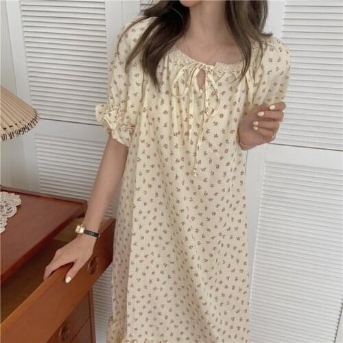Floral Print Summer Nightgown Sweet Cotton Korean Sleepwear Loose Short Sleeve Nightdress O-Neck Home Clothes Homewear