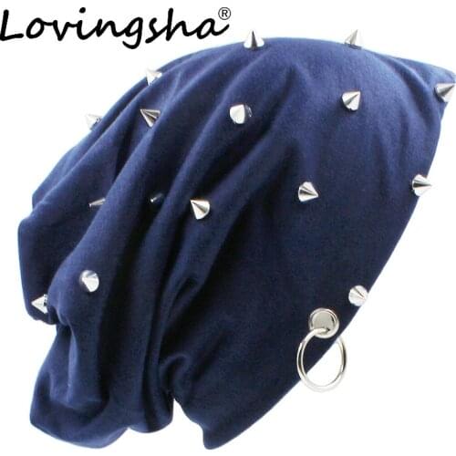 LOVINGSHA Autumn Hats For Women Fashion Hip-hop Winter Girl Skullies Rivets Hoop Design Ladies thin Beanies Men Hat Unisex HT071