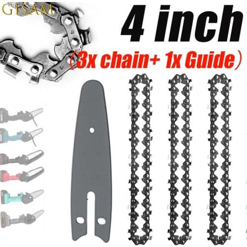 4Pcs Mini Chainsaw Chain+Guide Plate 4 Inch Chainsaw Chain Guide Saw Chain Replacement Accessory Wood Cutting Universal Chain