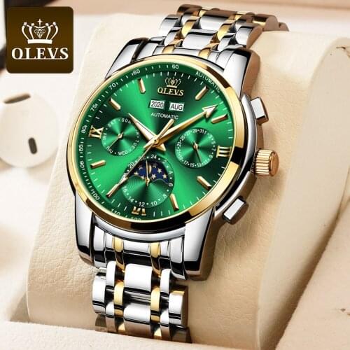 OLEVS Automatic Watch Men Moon Phase Luxury Mechanical Wristwatch Waterproof Sport Stianless Steel Watches Men relogio masculino