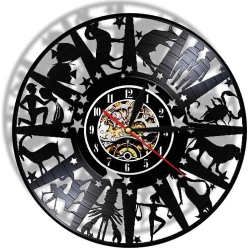 Zodiac Signs Gift Color Changing Wall Night Light Astrology Hanging Clock Watch Home Decor Morden Sign Vinyl Music Record Clock