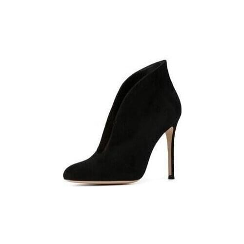 Real Photo Vamp Suede Pointed Toe Booties Red Black U-cut Slip-on Spring Winter Short Boots Women High Heel Party Dress Shoes