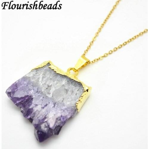 Natural Drusy Amethyst Square Shape Stone Pendant Linked Chains Necklace Fashion Woman Jewelry