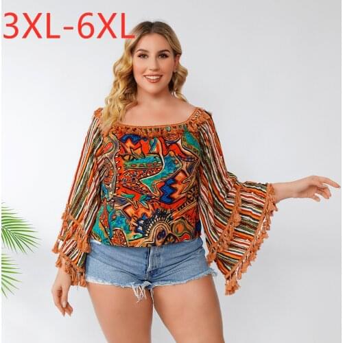 New 2021 Summer Plus Size Bohemia Tops For Women Large Blouse Long Sleeve Casual Strapless Floral Print Shirt 3XL 4XL 5XL 6XL