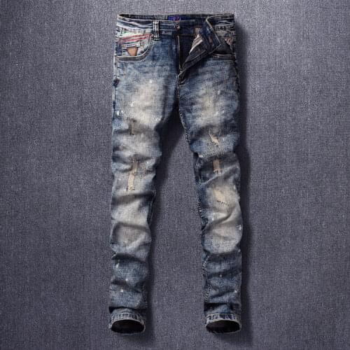 Newly Designer Fashion Men Jeans Retro Blue Distressed Dirty Wash Elastic Slim Fit Ripped Jeans Men Streetwear Denim Punk Pants