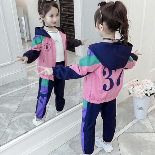 Autumn Kids Girls Clothing Set Fashion 37 letter printing Windbreaker waterproof Jacket & Pants Girls Clothes Set 6 8 10 12