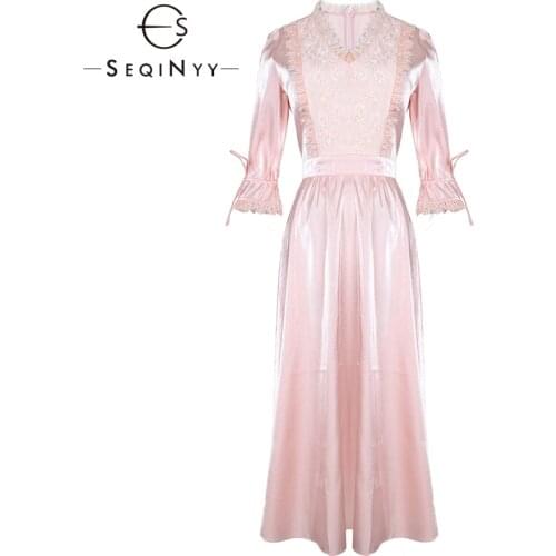 SEQINYY Casual Dresses 2019 Spring Summer Womans New Solid Fashion Flare Sleeve V-Neck Elegant Luxurious Simple A-Line Dresses