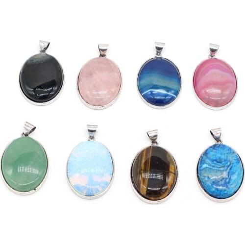 Charm Natural Stone Alloy Egg Pendant Opal Tiger Eye Stone Rose Quartzfor Jewelry Making DIY Necklace Accessories 30x42mm Gifts