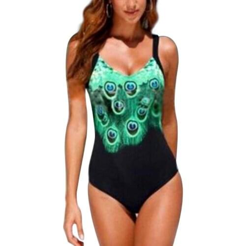 Plus Size Women Peacock Print One Piece Swimsuit Strappy Slim Padded Monokini