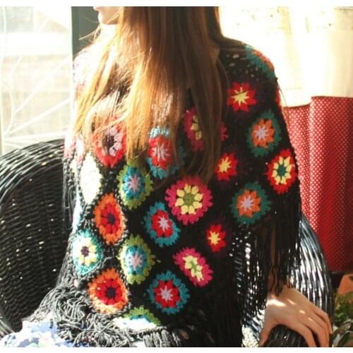 Handmade Crochet Black Tassel Scarf wraps women Big flower autumn winter scarves poncho Christmas Gift granny square