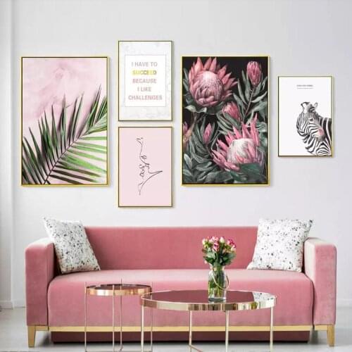 Modern Pink Style Canvas Painting Wall Art Hot kiss Zebra Flowers Leaves Posters Success Saying for Home Living Room Decoration
