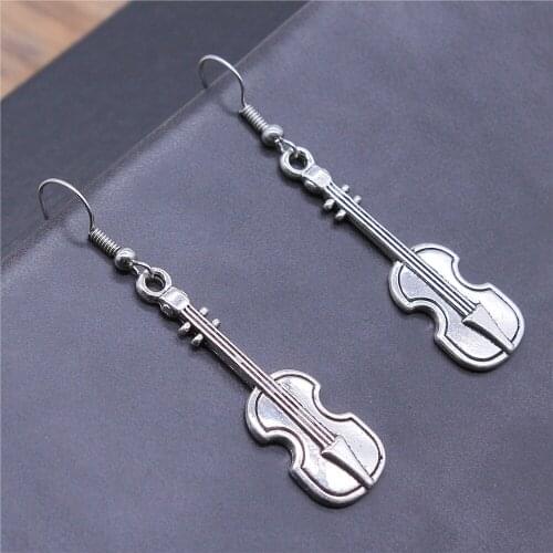 Vintage Antique Silver Color 42x13mm Musical Instrument Violin Charms Dangle Earrings Fit Women Party Gift Drop Earrings