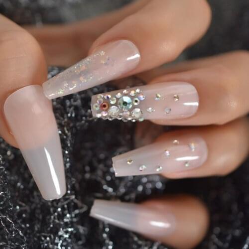 Super Long 3D Crystal Gems Press on Nails Shiny Glitter Jelly Pink Nude French Ballerina Coffin False Fake Finger Wear UV Nails