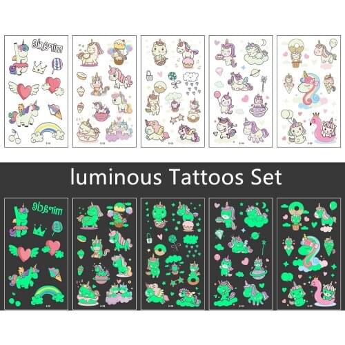 5pcs/set Luminous Tattoo Children Party Makeup Body Sticker Temporary Disposable Waterproof Cartoon Unicorn Mermaid Kids Gift