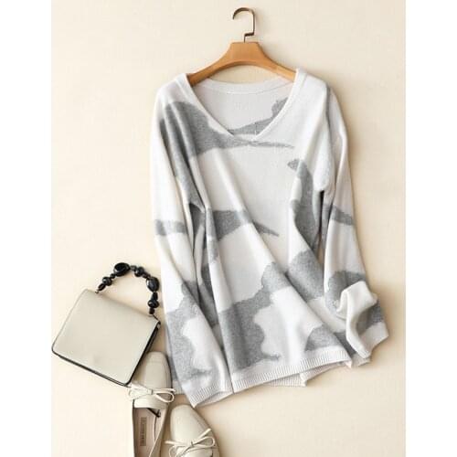 100% cashmere v neck loose long sleeve pullovers