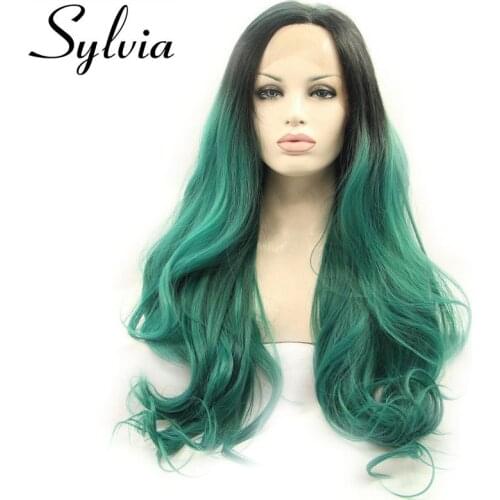 Sylvia Heat Resistant Fiber With Dark Roots Ombre Green Long Hair Body Wave Wigs Synthetic Lace Front Wig For Women