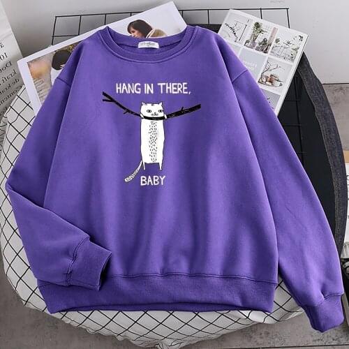 Hang In There Cat Baby Print Hoodie Women Crewneck Personality Clothing Casual Fleece Sweatshirts Fashion Loose Female Hoody