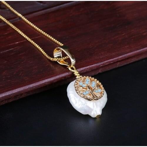 Mint ice blue cz paved tree of life charm freshwater pearl bead dainty gold link chain pendant choker necklaces for women