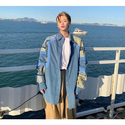 Spring mens and womens Retro cashew flower splicing corduroy shirts Korean Trend