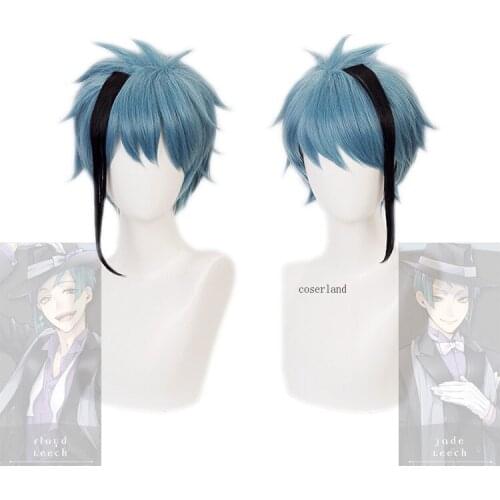 Twisted Wonderland Cosplay Wig Floyd Leech Jade Leech Costume Wig Men Halloween Carnival Short Blue Wig Fashion Free Wig Cap