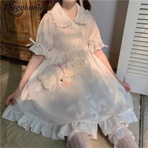 Japanese Sweet Female Lolita Drees Summer Kawaii Peter Pan Collar Cute Ruffle Puff Sleeve Solid Elegant Retro Girl Cute Dreeses