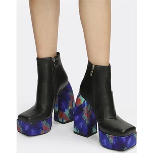 Printed Top Quality Short Boots for Women Chunky Heel Fashion Square Toe Platform Ankle Boots Genuine Leather Upper Big Size 43