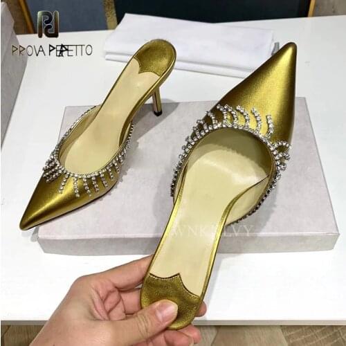 Golden leather pointed toe crystal tassel lazy Muller shoes Summer French elegant fashion show sandals and slippers women