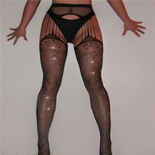 Women Sexy Fishnet Rhinestone Pantyhose Open Crotch Tights Pantyhose Black for Ladies Female Party Club Skinny Longstockings
