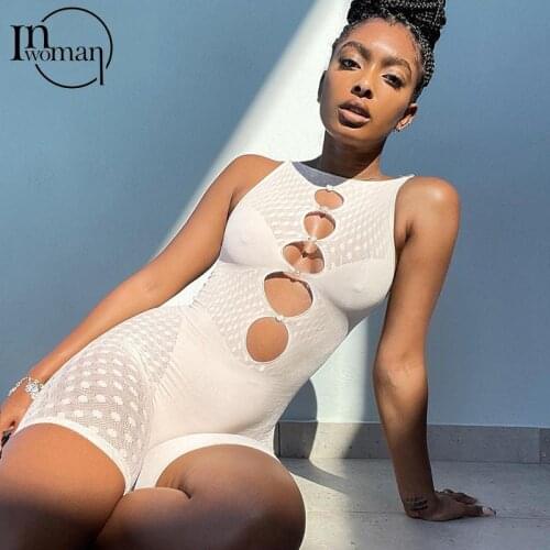 INWOMEN Summer Sexy Blue White Rompers Womens Jumpsuit 2021 One Piece Outfits Bodycon Rompers Women Playsuits Mesh Club Jumpsuit