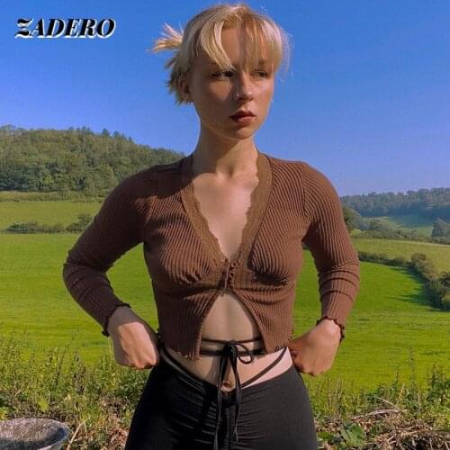 E-Girl Y2K Tops Women V-Neck Lace Streetwear Fashion Autumn New Long Sleeve Brown Shirts Vintage Sexy Party Wear Top Sweet 90S