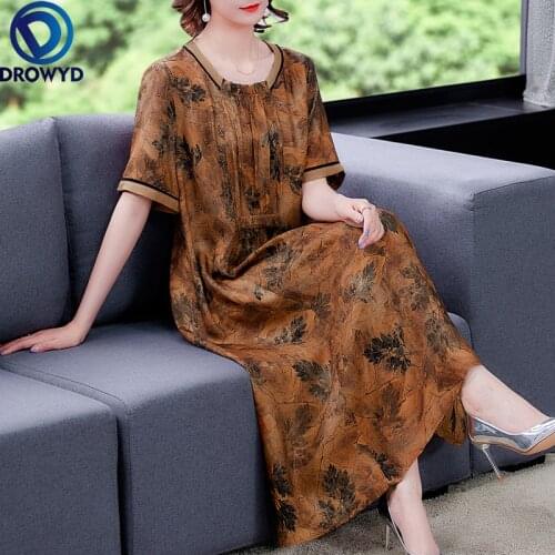 Summer Vintage Brown Mulberry Silk Satin Embroidery Maxi Dress 2021 Casual Solid O-neck Midi Dress Elegant Women Party Vestidos