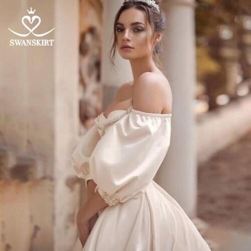 Vintage Beaded Satin Wedding Dress SwanSarah Sweetheart Puffy Sleeve A-Line Train Bridal Gown Princess Vestido De Noiva RA01