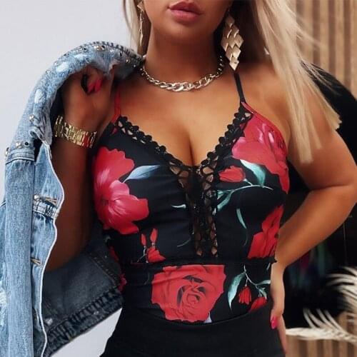 2021 Women’s Fashion Floral Print Camisole Sexy V-neck Hollow Out Lace Slim Fit Crop Top Backless Slim Tanks Vests Tops