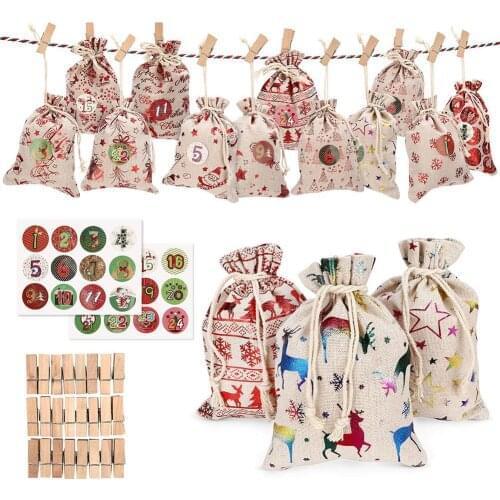 24PCS Christmas Advent Calendar Countdown Bag Hanging Candy Gift Sacks Pouch with Clips Stickers Rope Home Christmas Decoration