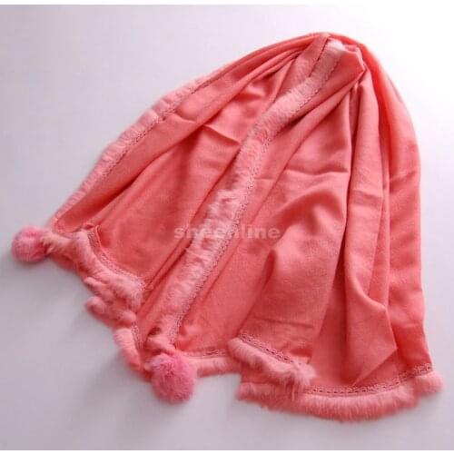5 Designs Top Quality Wool Lace Print Shawl with Rabbit Fur Bobble Pashmina Quality Long Scarf Light Warm Winter Scarf Wrap