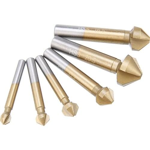 6pcs Countersink Chamfer Drill Bit 3 Flutes 90 Degree Round Handle Wood Chamfering Deburrer Cutter Drills Tool Set 6.3-20.5mm