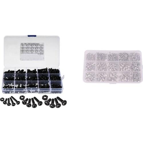 955 Pcs M3 M4 M5 Alloy Steel Hex Socket Button Head Cap Bolts Screws Nuts Set Black & Silver