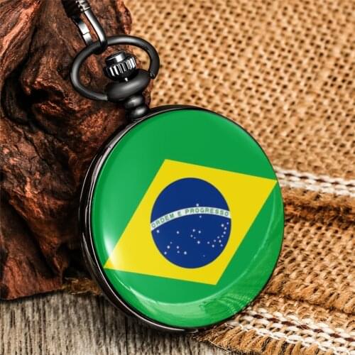 Brazil Flag Elements Printed Display Quartz Pocket Watch Retro Smooth Black Pendant Clock Souvenir Antique Watch Gift Men Women