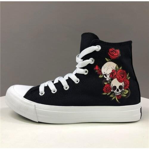Wen Design Skulls Flower Vines Red Rose Multifloras Floral Canvas Shoes Black White High Top Women Mens Outdoor Sport Sneakers