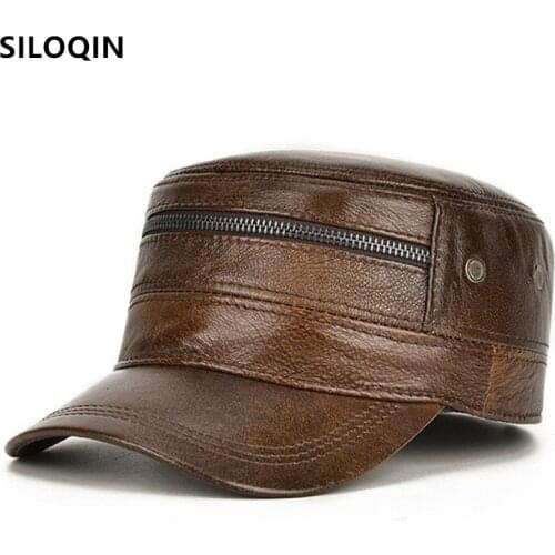 SILOQIN Natural Cowhide Leather Cap Military Hats Mens Flat Caps New Winter Warm Hat Adjustable Size Men Genuine Leather Hat