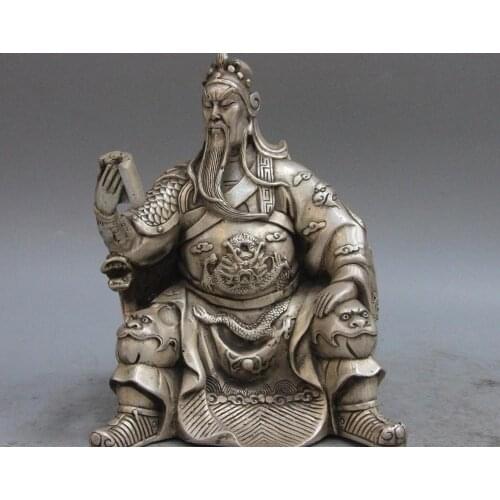 China White Copper Silver Warrior Guan Gong Dragon Guan Yu God Look Book Statue