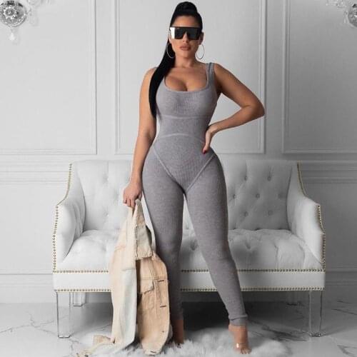 Sexy Ribbed Bodysuits Bodycon Women Sleeveless Sports Workout Fitness Rompers Biker Outfits Casual Solid Jumpsuit Streetwear