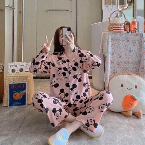 Disney Cartoon Mickey Minnie Print Pajamas Women Spring Autumn Loose Long-Sleeved Trousers Lapel Cardigan Girl Casual Home Set