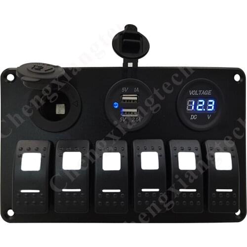 Pre-Wired Aluminum 6 Gang Whie tLed Rocker Switch Panel+Blue Led Dual USB Voltmeter 12V Cigarette Lighter Power Sockets Car Boat