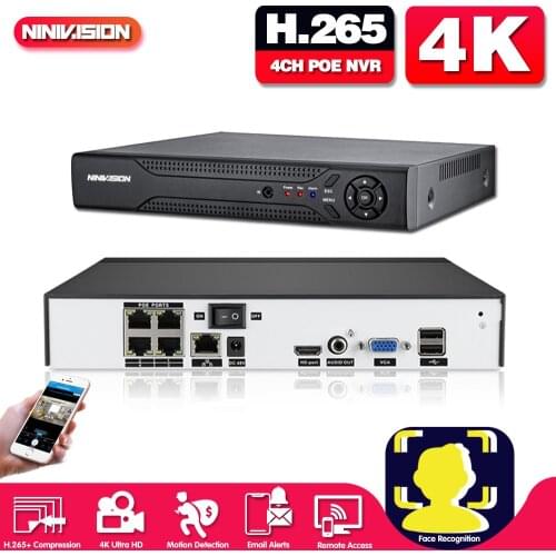 XMeye 4ch 4K POE NVR Face Recognition H.265+ Onvif Network Video Recorder 1 HDD 24/7 Recording IP Camera Onvif P2P System