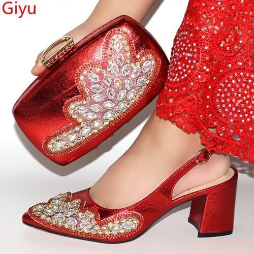 Doershow latest style African Wedding Shoes and Bag Set red Color Italian Shoes with Matching Bags Nigerian Women party!SLO1-22