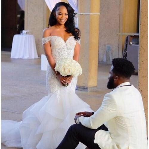 Vintage African Mermaid Wedding Dresses 2021 Vestido De Noiva Off the Shoulder Lace Wedding Gowns Black Girl Women Bride Dress